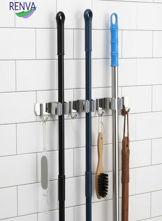 RENVA Broom Holder Wall Mount - 3 Slots 4 Hooks Heavy Duty Stainless Steel Mop and Broom Organizer Rack for Wall, Tool Hanger for Kitchen, Bathroom, Garden, Garage, Home Storage (SILVER, 3 SLOT) - Image 5